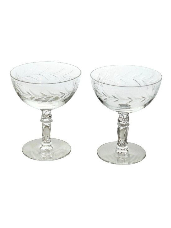 Fostoria Other - 2 Fostoria Holly Champagne Coupes Glasses 4.5" sculpted stem etched cut glass